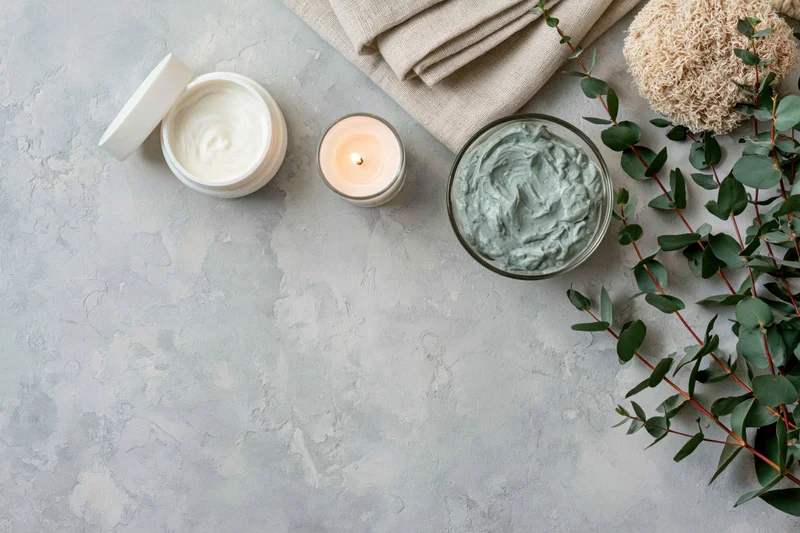 Skincare products and eucalyptus arranged on textured gray surface with copyspace
