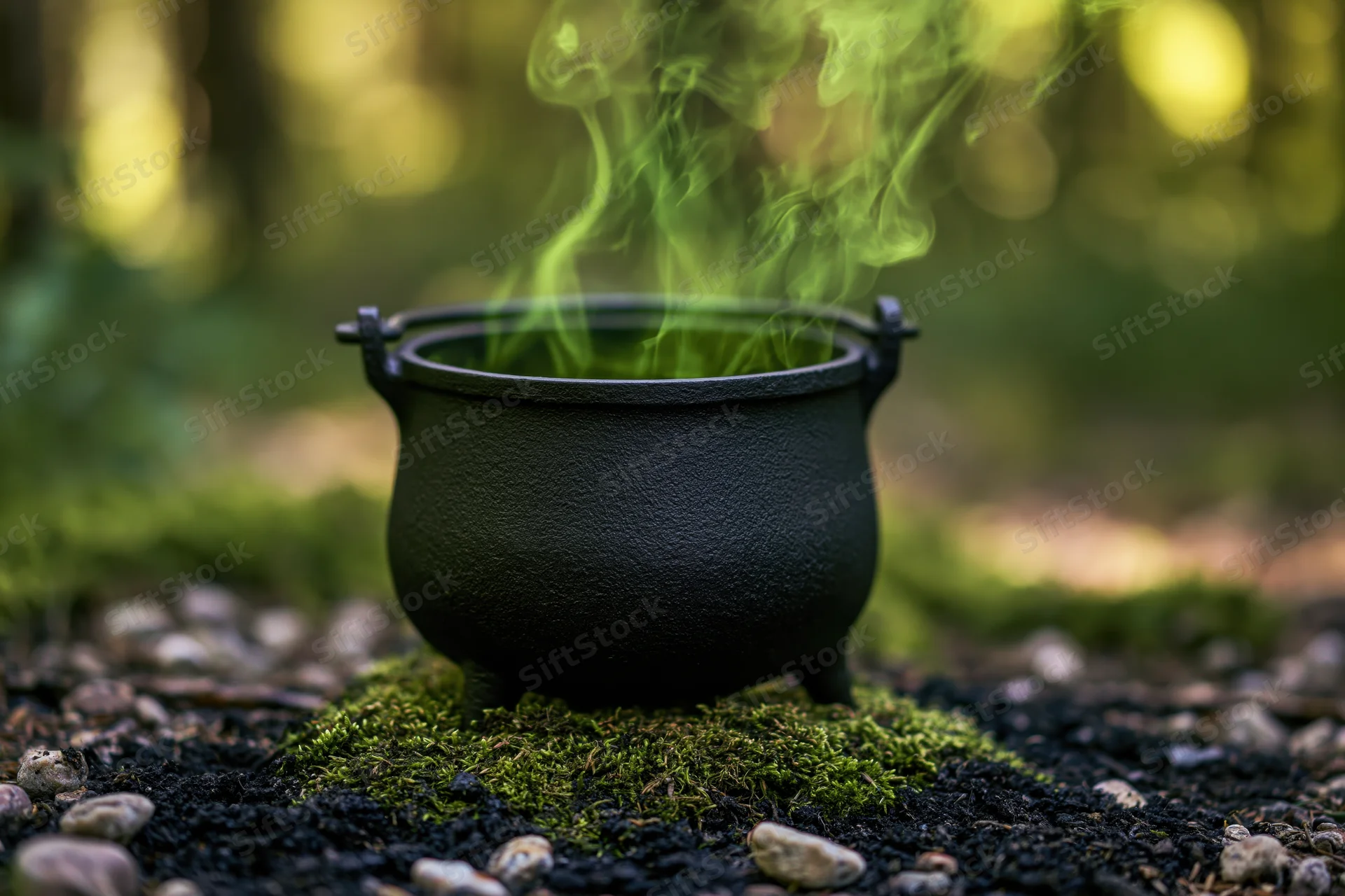 Black cast-iron cauldron emitting green smoke on mossy forest floor