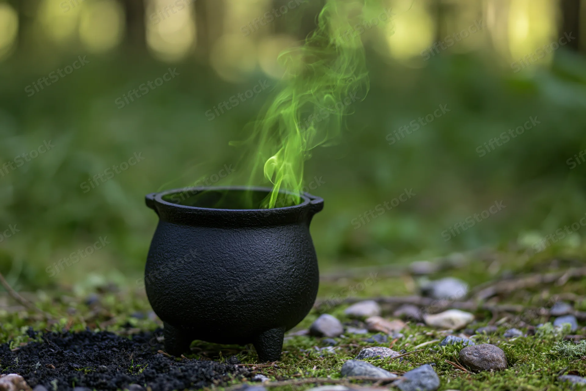 Black cast-iron cauldron emitting green smoke on mossy forest floor