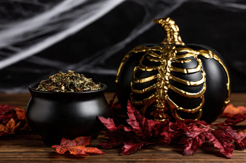 Black cauldron filled with dried herbs beside a gold skeleton pumpkin on a wooden table with red leaves and spiderweb backdrop