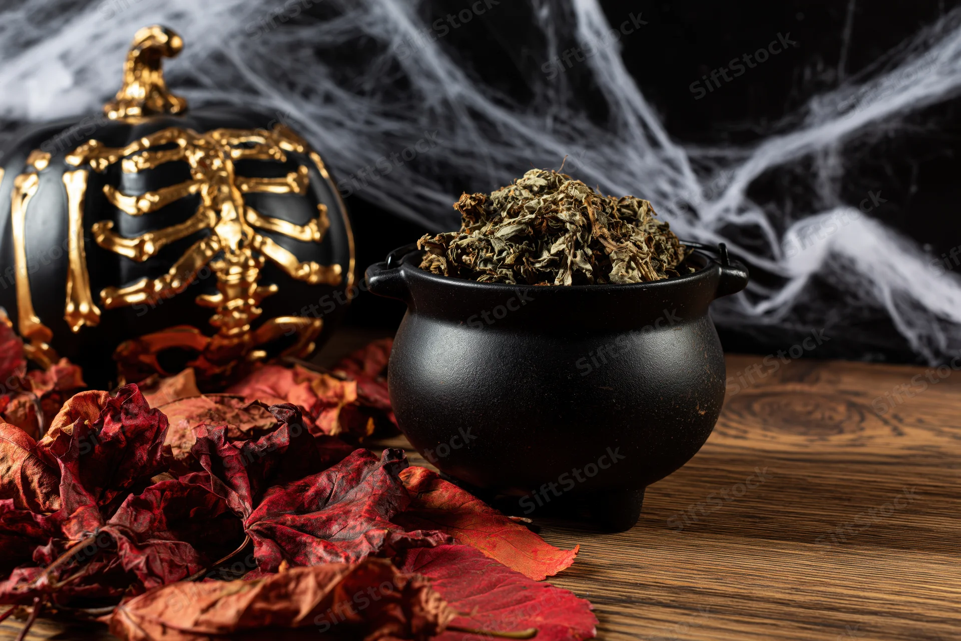 Black cauldron filled with dried herbs on wooden table beside decorative pumpkin with skeleton design and spiderwebs among red autumn leaves