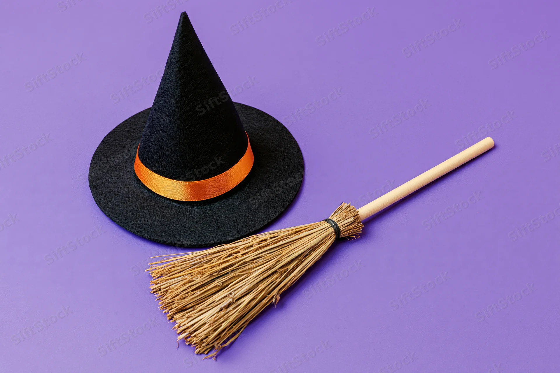 Black witch hat with orange ribbon and straw broom on purple background