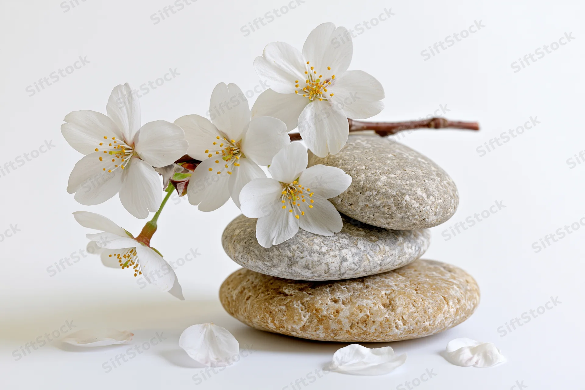 White cherry blossoms on a stack of smooth stones against a white background