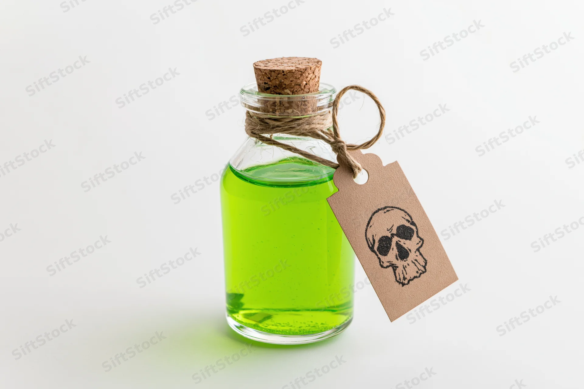 Small glass bottle filled with bright green liquid and skull tag on white background