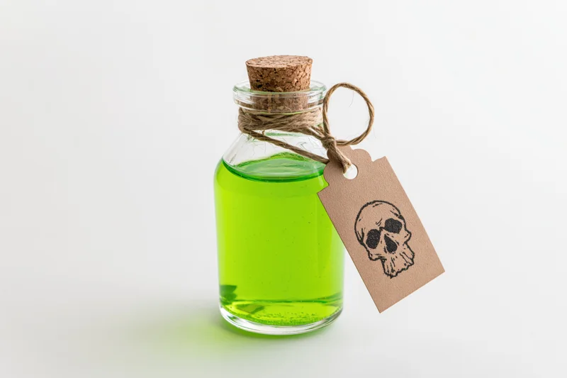Small glass bottle filled with bright green liquid and skull tag on white background