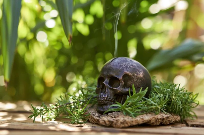 Dark bronze skull figurine emitting smoke, surrounded by rosemary sprigs on a wooden surface outdoors