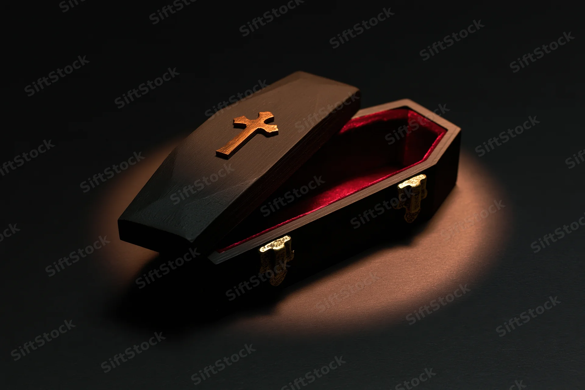 Small dark wooden coffin model with open lid and gold cross on black background