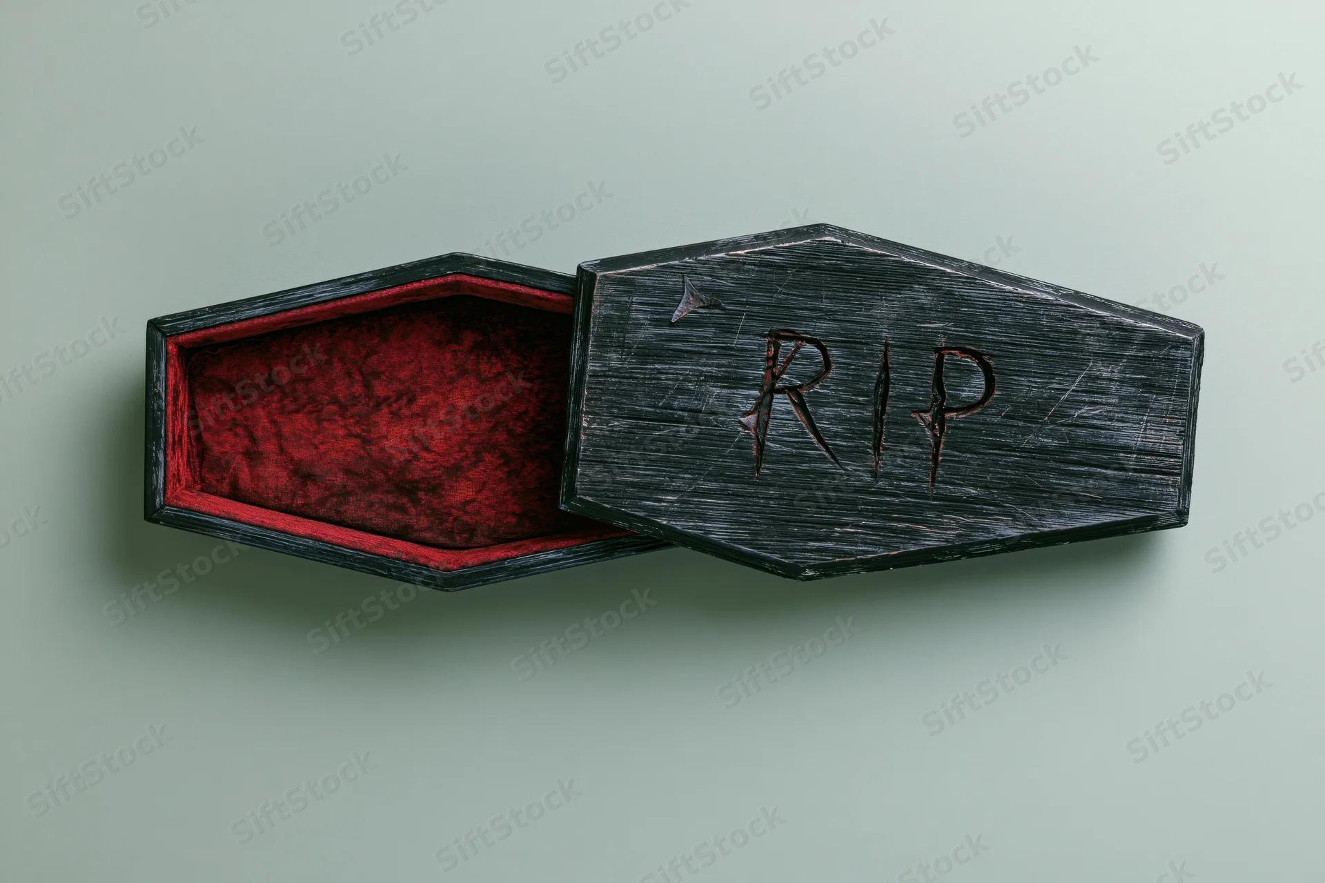 Open decorative coffin with carved rip lid on plain background