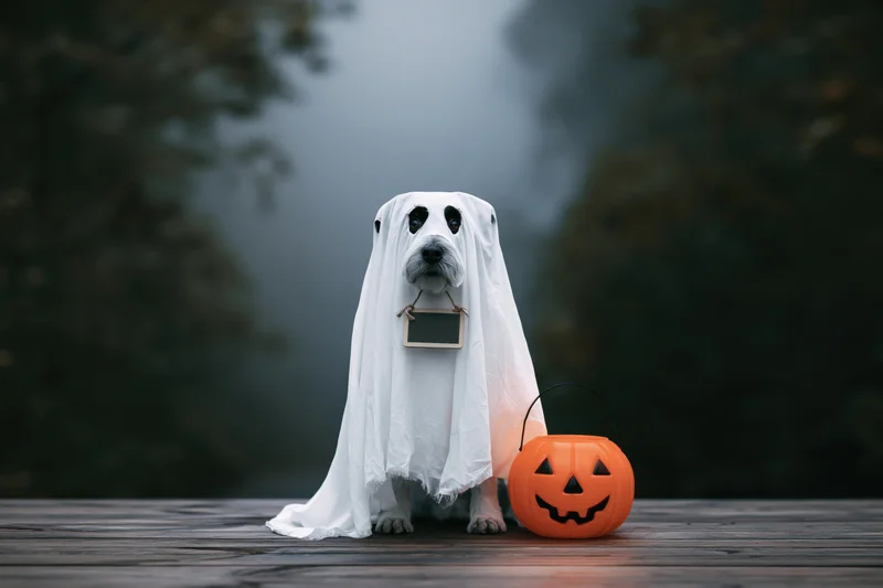 Small dog in white ghost costume sitting on wooden deck beside orange jack-o-lantern bucket