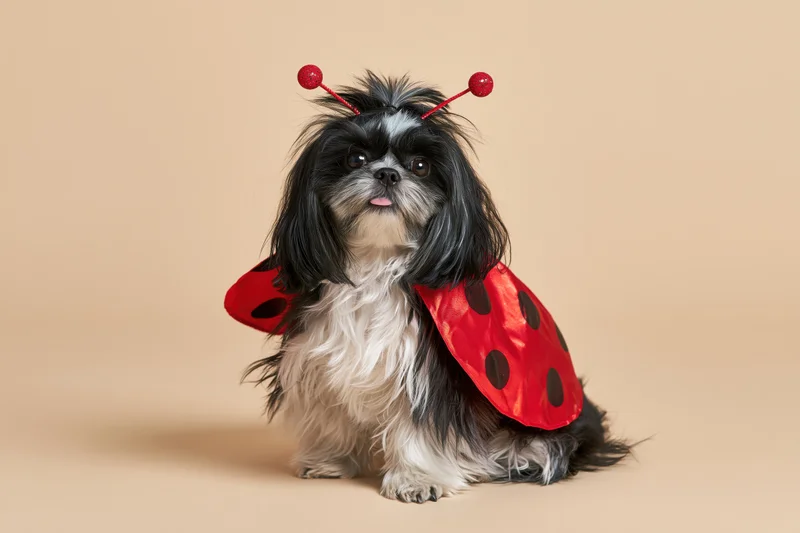 Small fluffy black and white dog wearing ladybug costume sitting on beige background