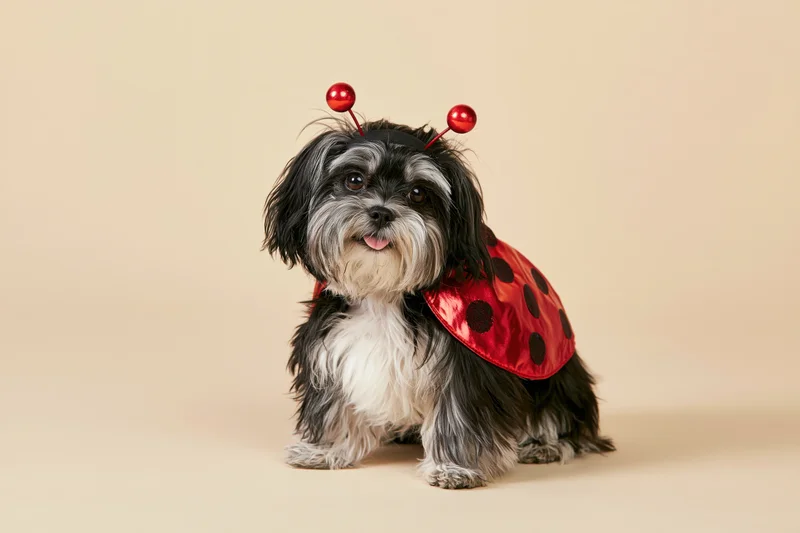 Small fluffy black and white dog wearing ladybug costume sitting in studio with beige background
