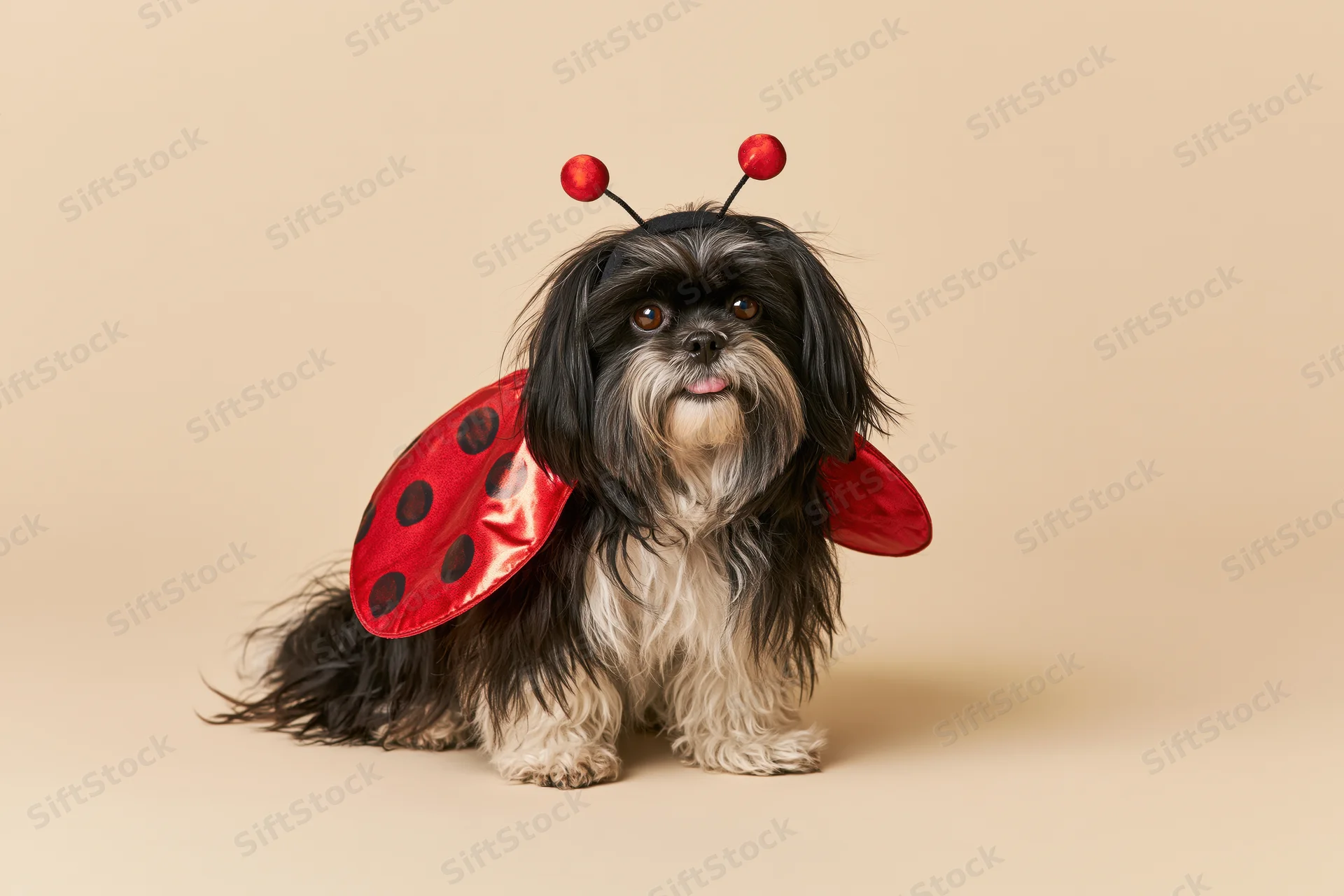 Small fluffy black and white dog wearing ladybug costume sitting in studio