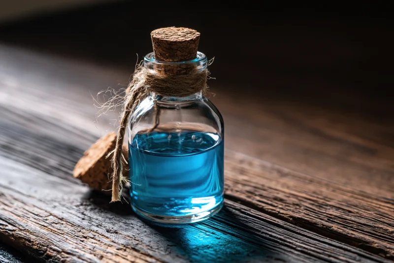 Small glass apothecary bottle filled with bright blue liquid on rustic wooden table