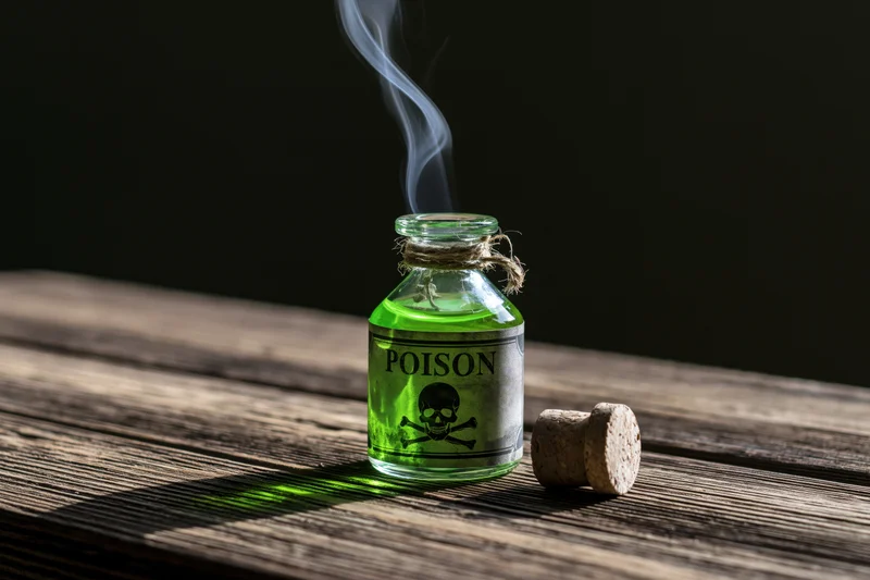 Small glass apothecary bottle filled with bright green liquid emitting smoke on wooden table with cork beside it