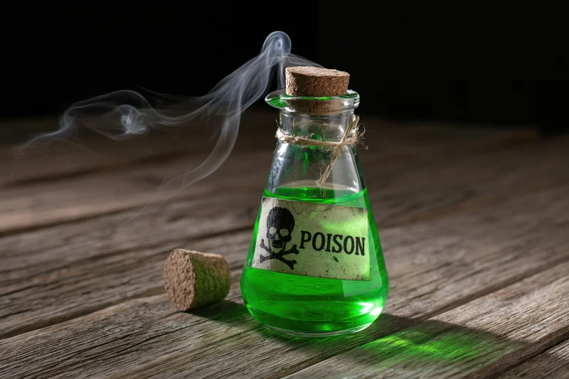 Glass bottle filled with green liquid and smoke, labeled poison, on wooden surface
