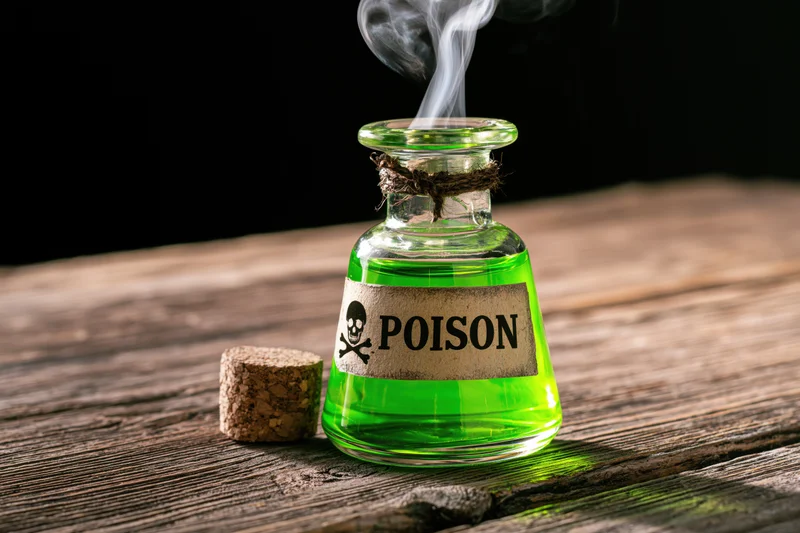 Glass bottle filled with green liquid and smoke on wooden surface, labeled poison with skull and crossbones