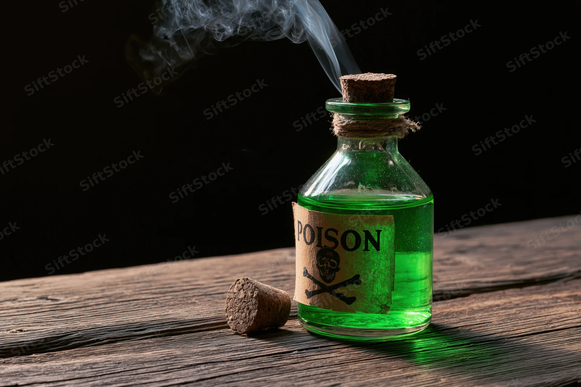 Green liquid smoking from a corked apothecary bottle on a wooden table