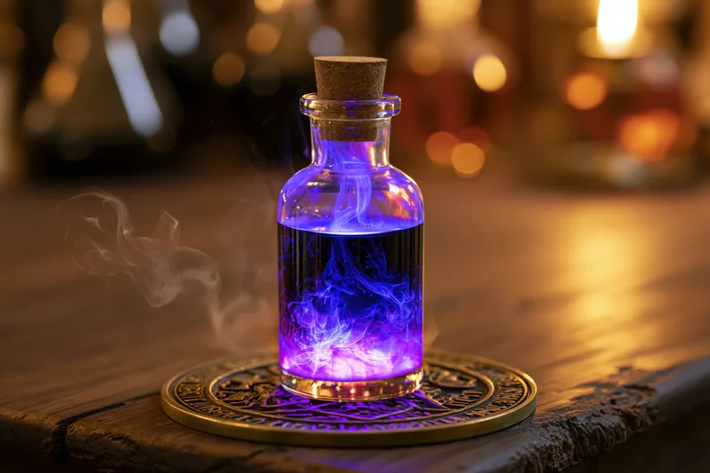 Glowing purple potion in a small glass apothecary bottle with cork stopper on wooden table
