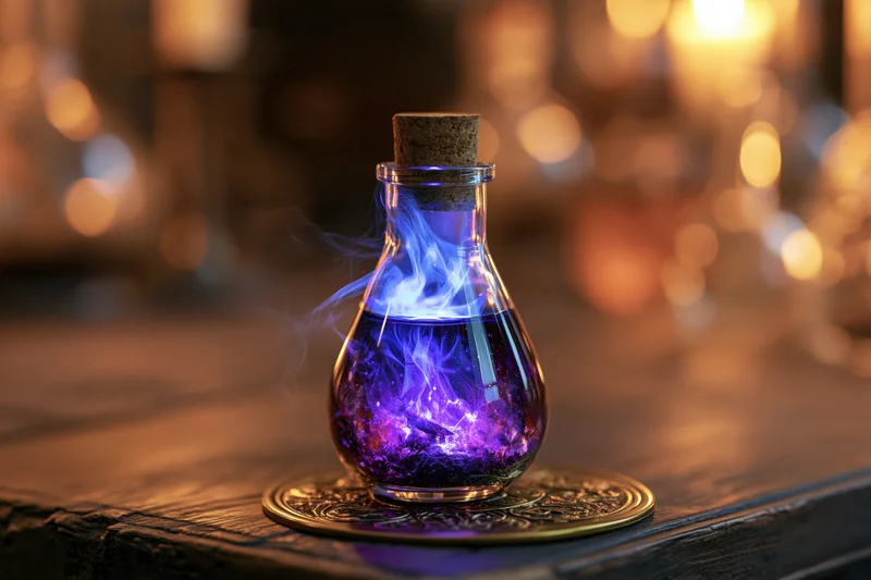Glowing purple potion in a glass apothecary bottle with cork stopper on wooden table
