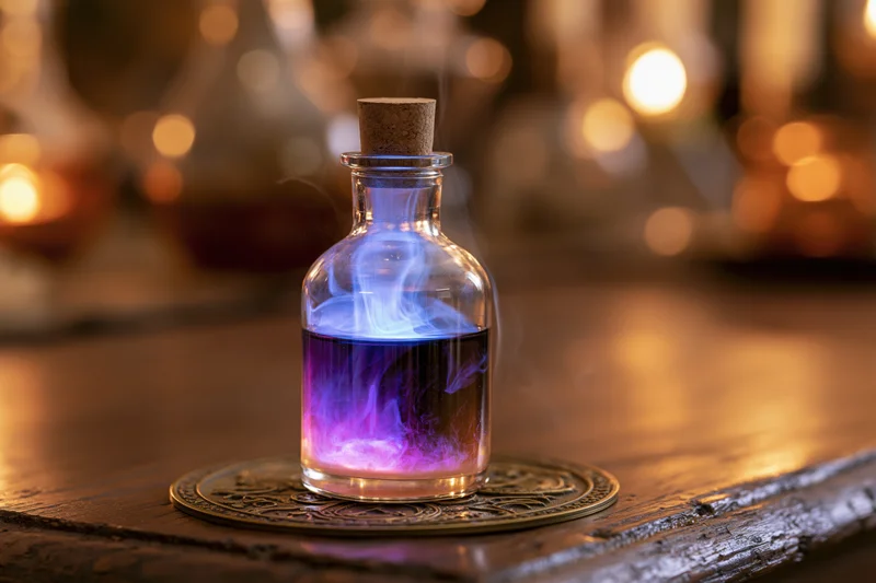 Glass apothecary bottle with glowing purple and blue liquid and smoke on wooden table with candlelight bokeh background