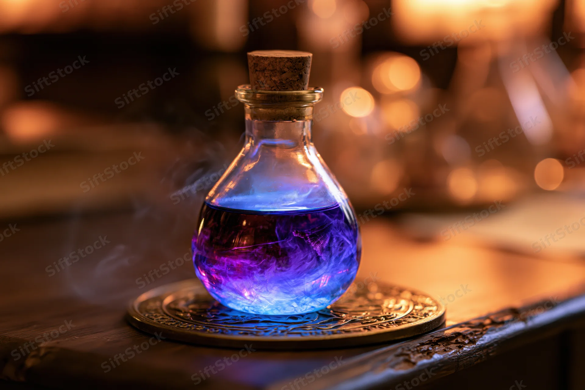 Glowing purple potion in a small glass apothecary bottle with cork stopper on ornate metal tray on wooden table