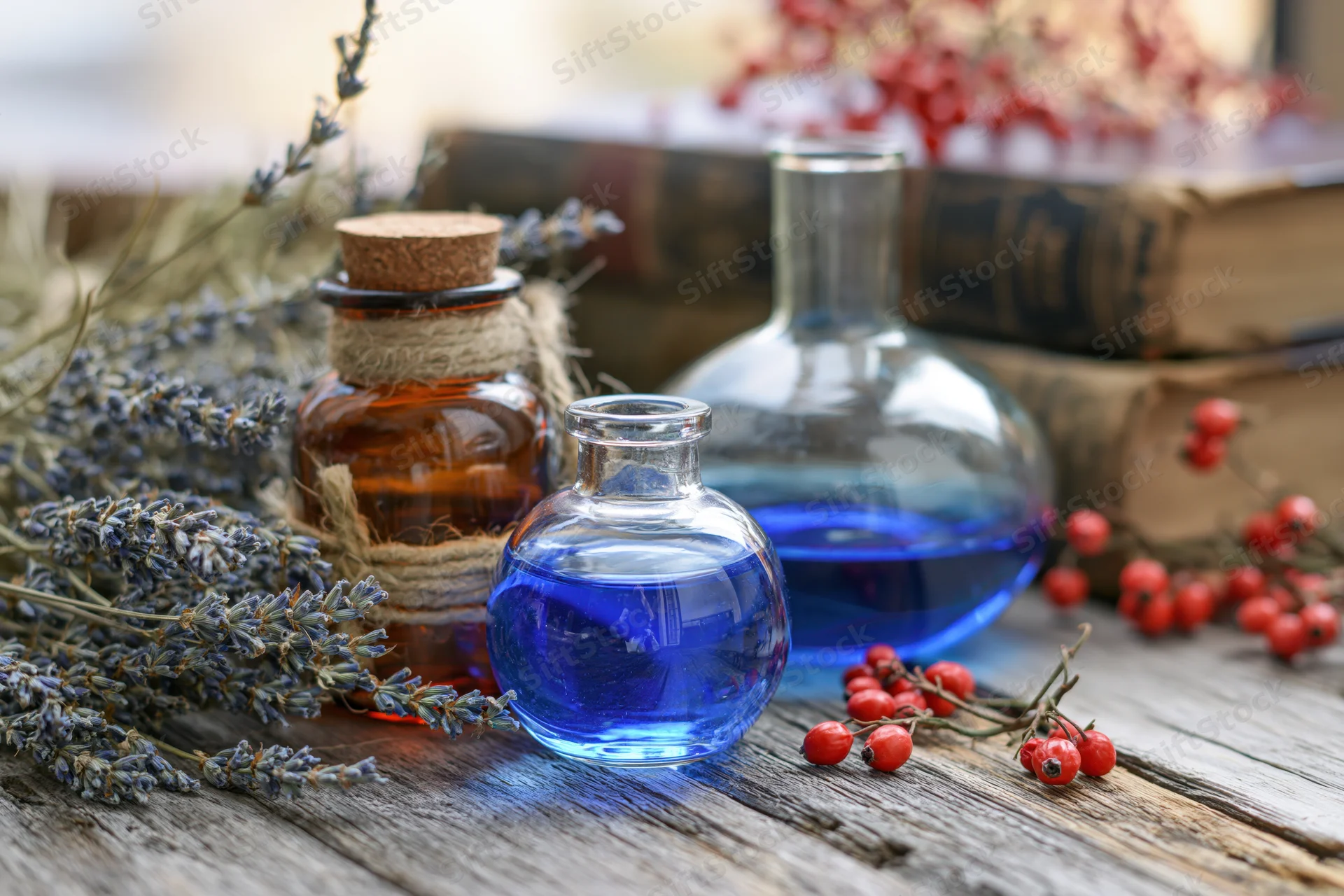 Glass bottles and flask with blue liquid arranged with lavender and berries on wooden table