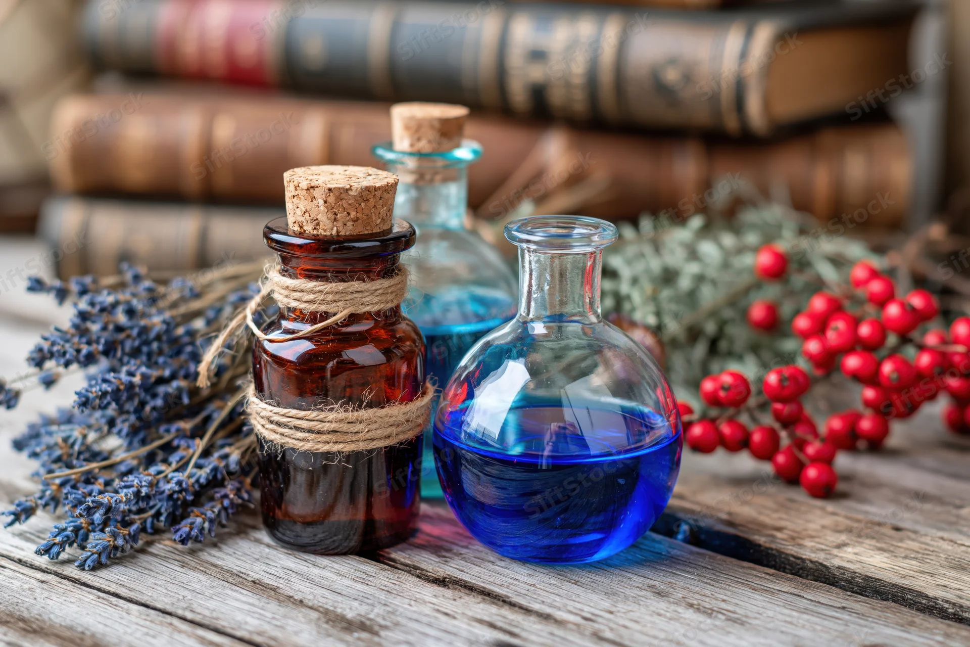 Glass bottles and flask with blue liquid arranged on wooden table with dried lavender and berries near vintage books