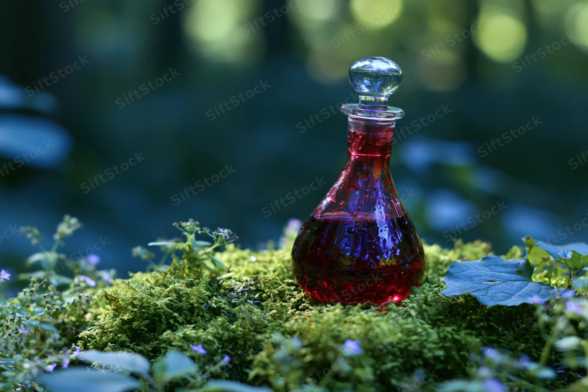 Glass decanter with red liquid resting on mossy forest floor surrounded by green foliage