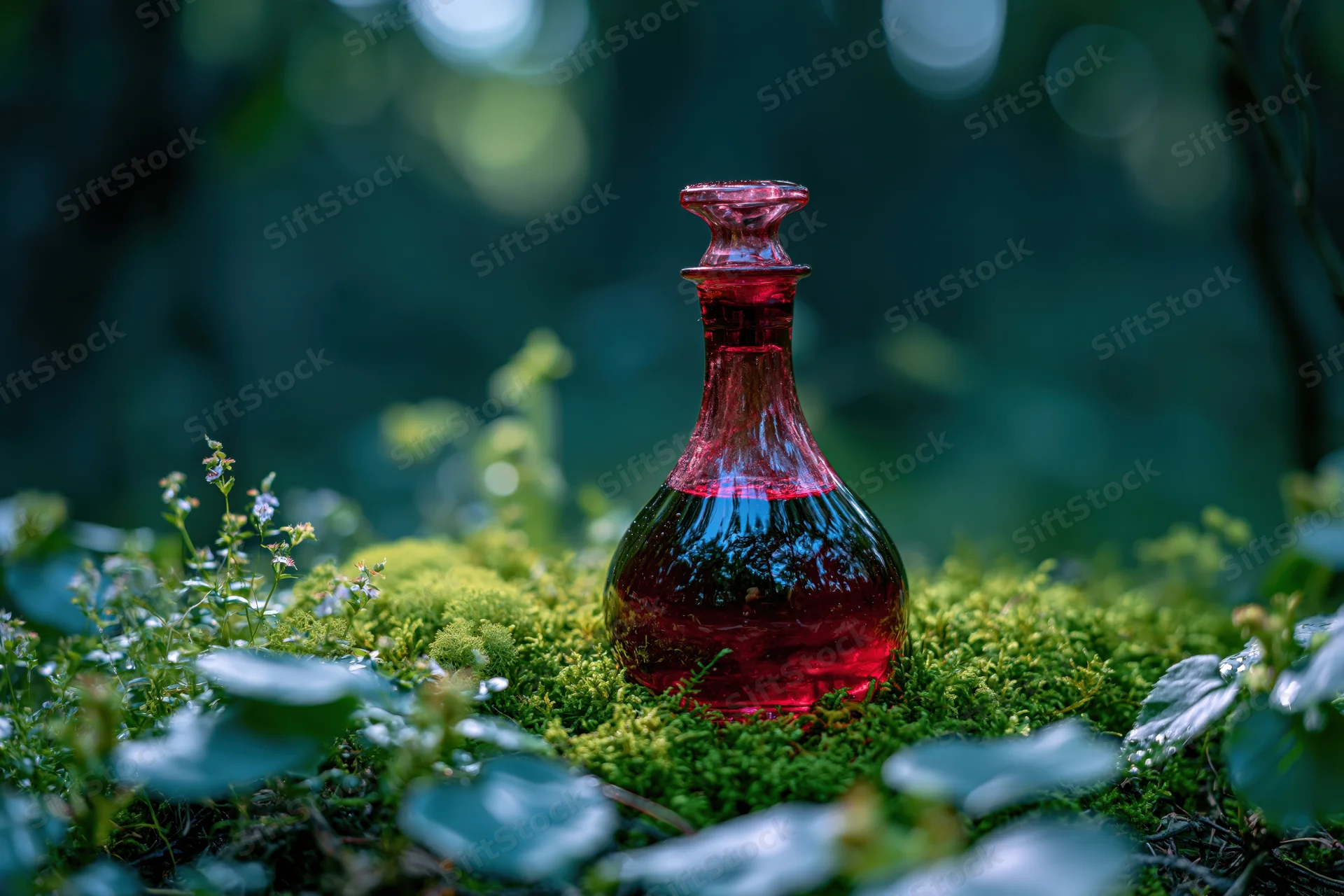 Small glass decanter filled with deep red liquid resting on mossy ground in a forest setting