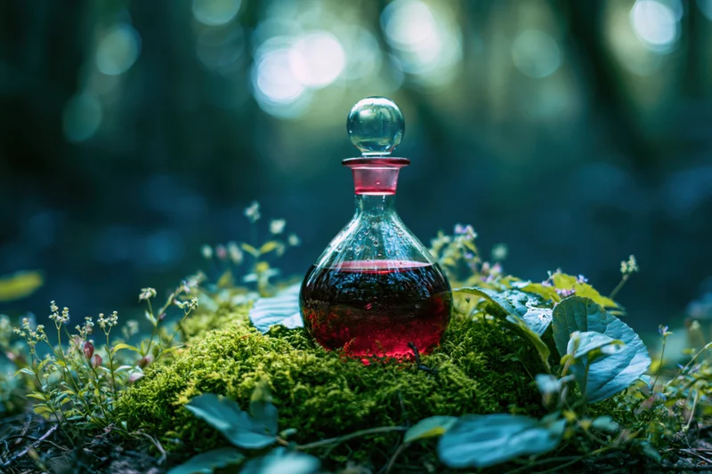 Glass decanter with red liquid resting on mossy forest floor surrounded by green foliage and small flowers