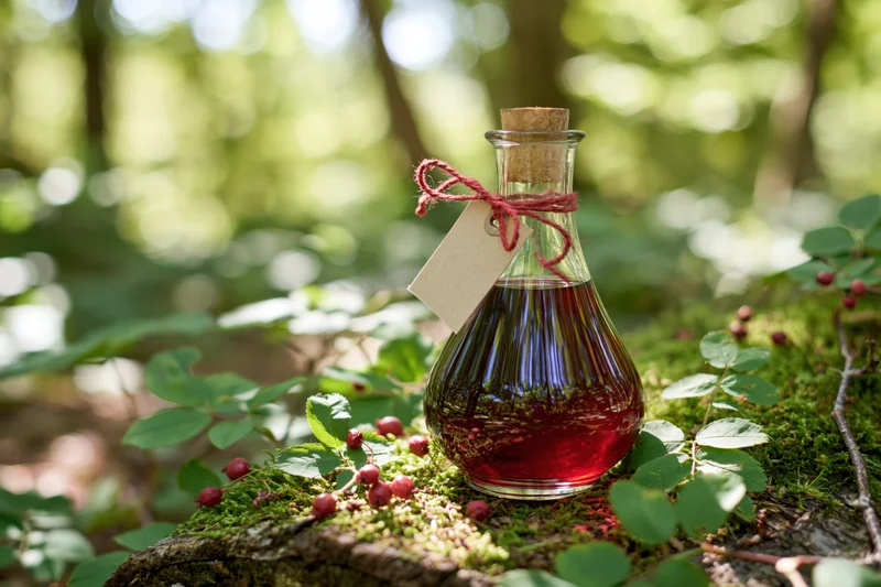 Glass decanter with red liquid and tag resting on mossy tree stump in forest surrounded by green leaves and berries