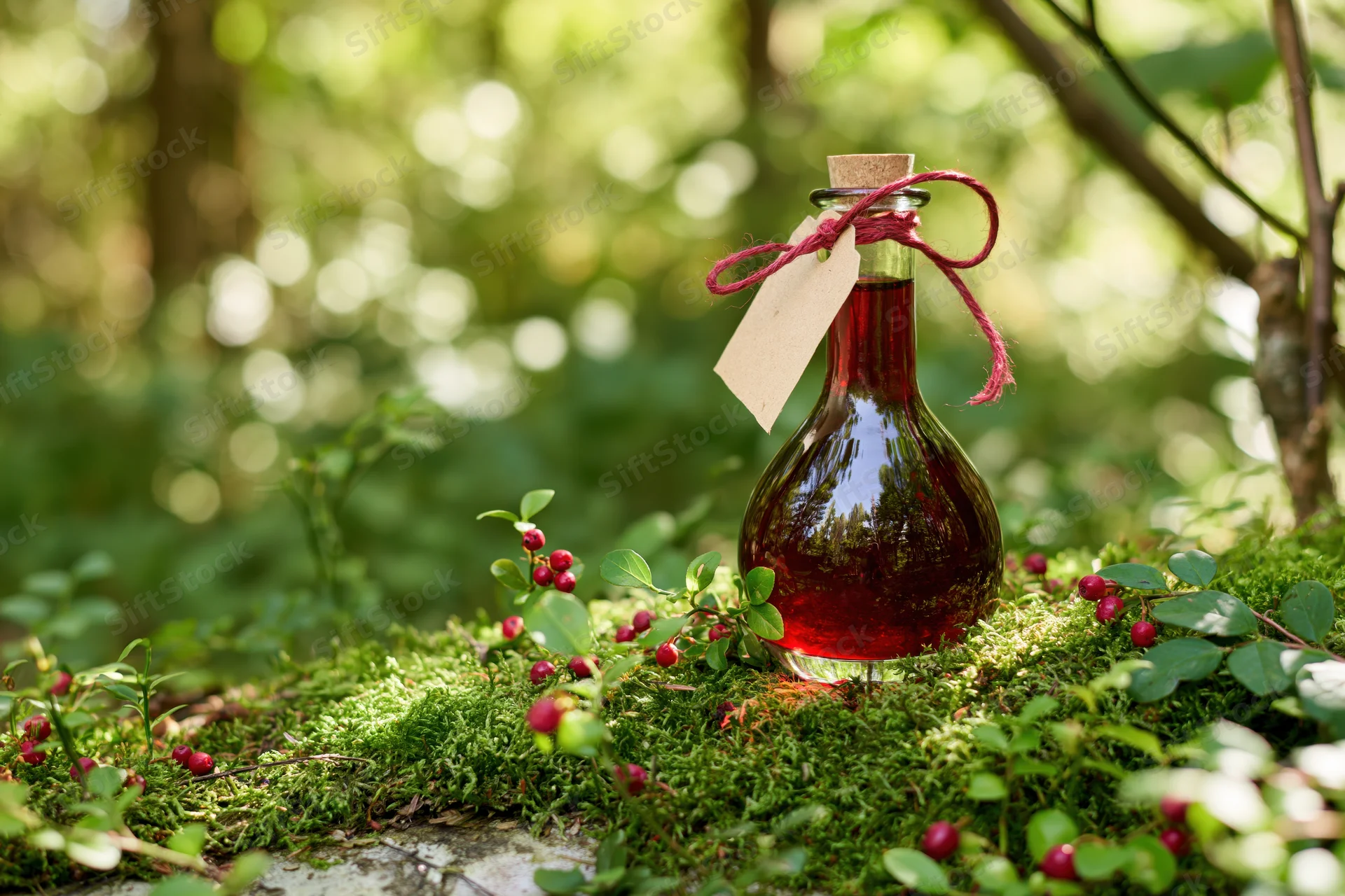 Glass decanter with red liquid on mossy forest ground surrounded by wild berries