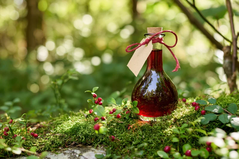 Glass decanter with red liquid on mossy forest ground surrounded by wild berries