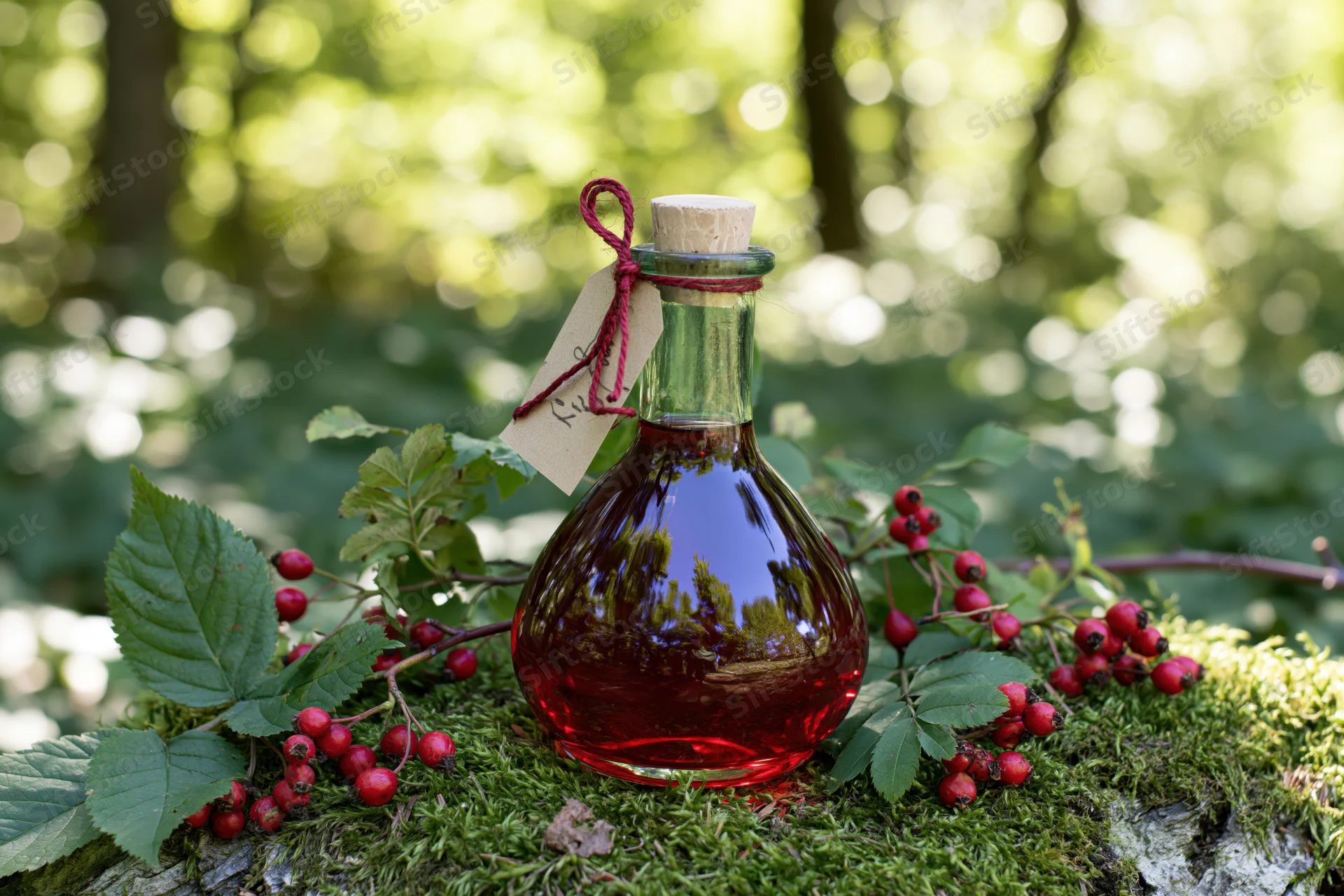 Glass bottle filled with red rosehip syrup resting on mossy log surrounded by fresh berries and green leaves in forest setting