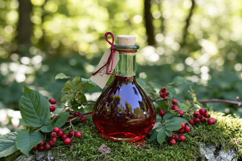 Glass bottle filled with red rosehip syrup resting on mossy log surrounded by fresh berries and green leaves in forest setting