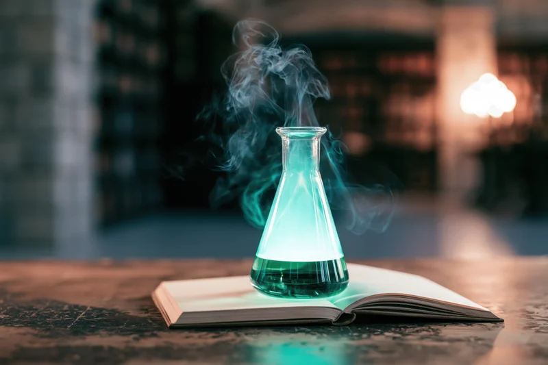Glowing teal liquid in a glass flask releasing smoke, placed on an open book in a dim laboratory setting