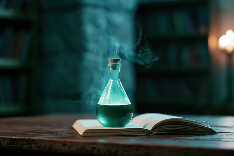 Glowing teal potion in a glass flask releasing smoke, resting on an open book in a dimly lit study
