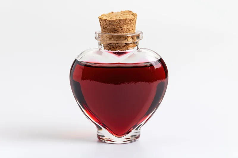 Heart-shaped glass bottle filled with red liquid and cork stopper on white background