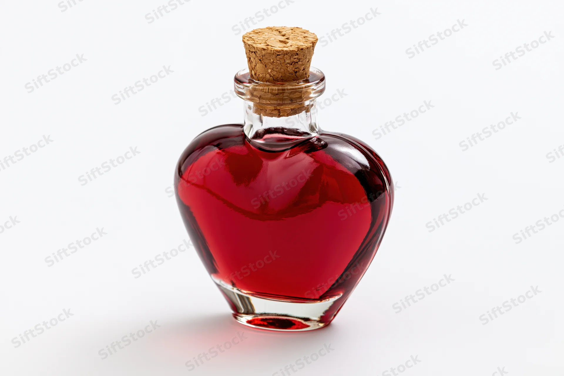 Heart-shaped glass bottle filled with red liquid and cork stopper on white background