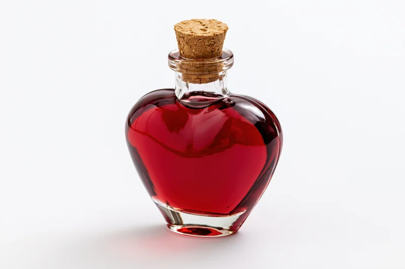 Heart-shaped glass bottle filled with red liquid and cork stopper on white background