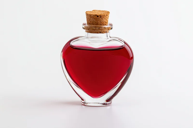 Heart-shaped glass bottle filled with red liquid and cork stopper on white background