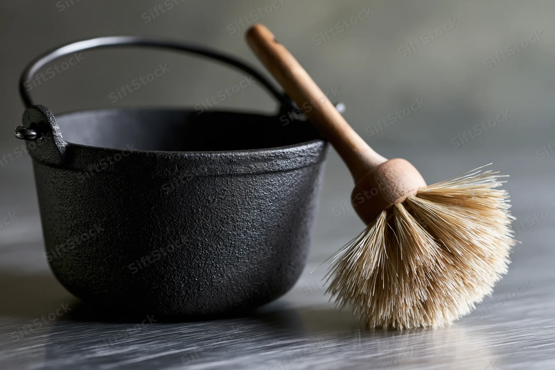 Small matte black cast iron cauldron with swing handle and wooden brush on gray surface