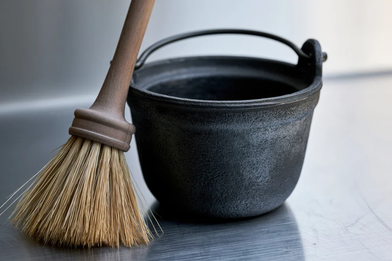 Small matte black cast iron cauldron with metal swing handle and wooden broom on stainless steel countertop