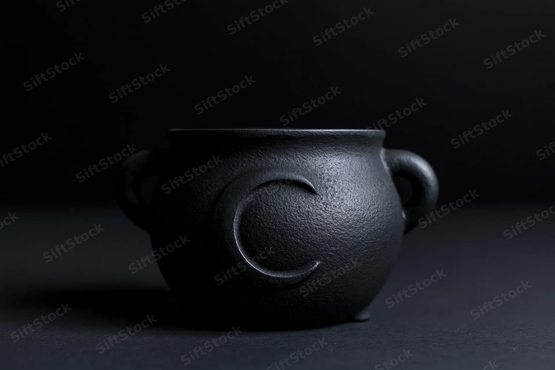 Small matte black cast iron cauldron with side handles and crescent moon symbol on dark surface