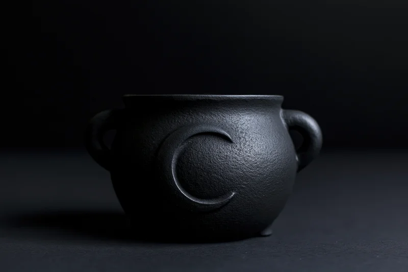 Small matte black cast iron cauldron with side handles and crescent moon symbol on dark surface