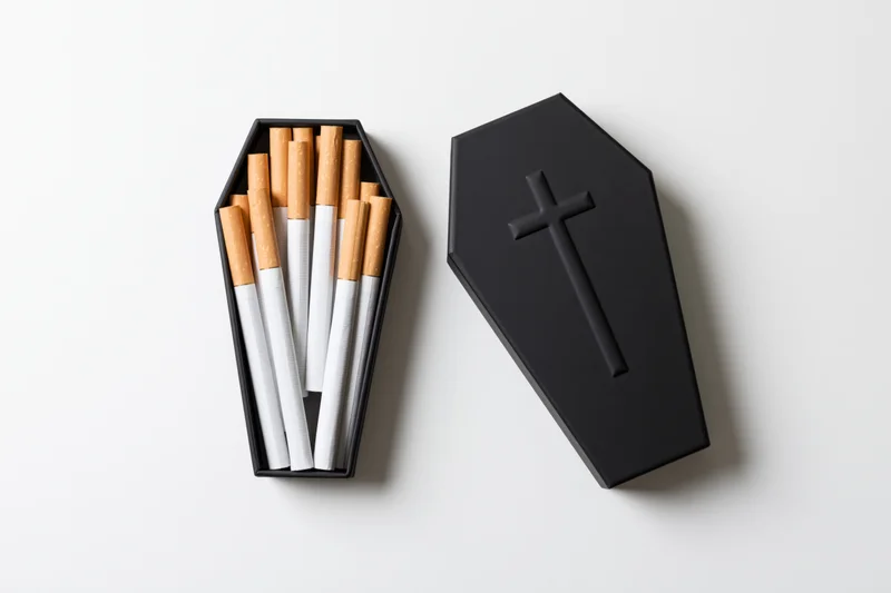Coffin-shaped box filled with cigarettes on white background