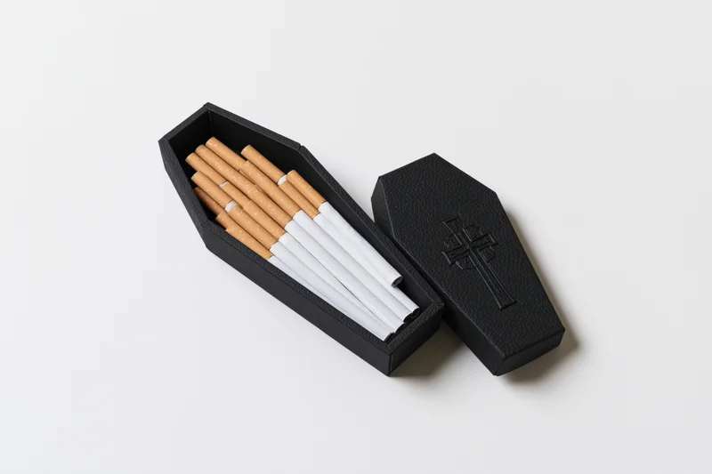 Coffin-shaped box open and filled with cigarettes on white background
