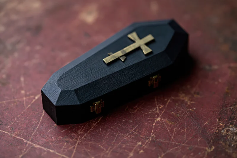 Small black wooden coffin model with brass cross on textured red surface