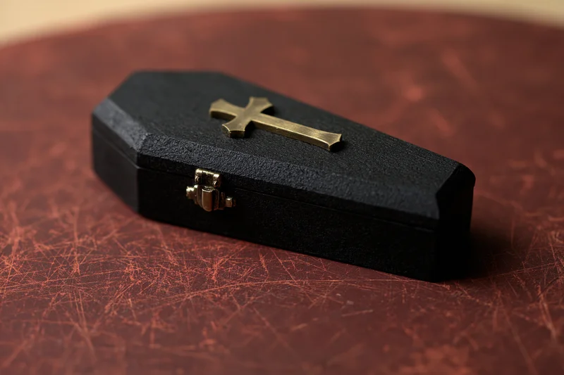 Miniature black coffin with brass cross on red textured surface