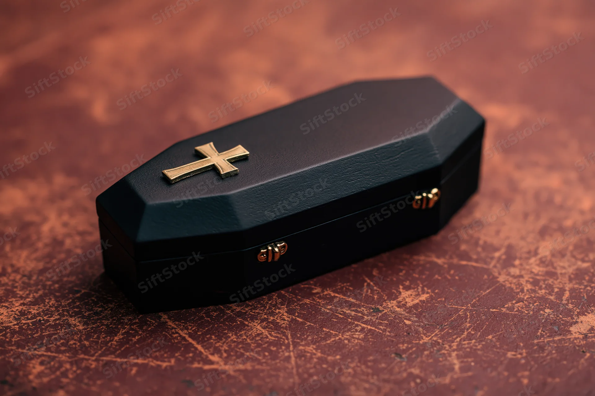 Small black coffin model with brass cross on textured rusted surface